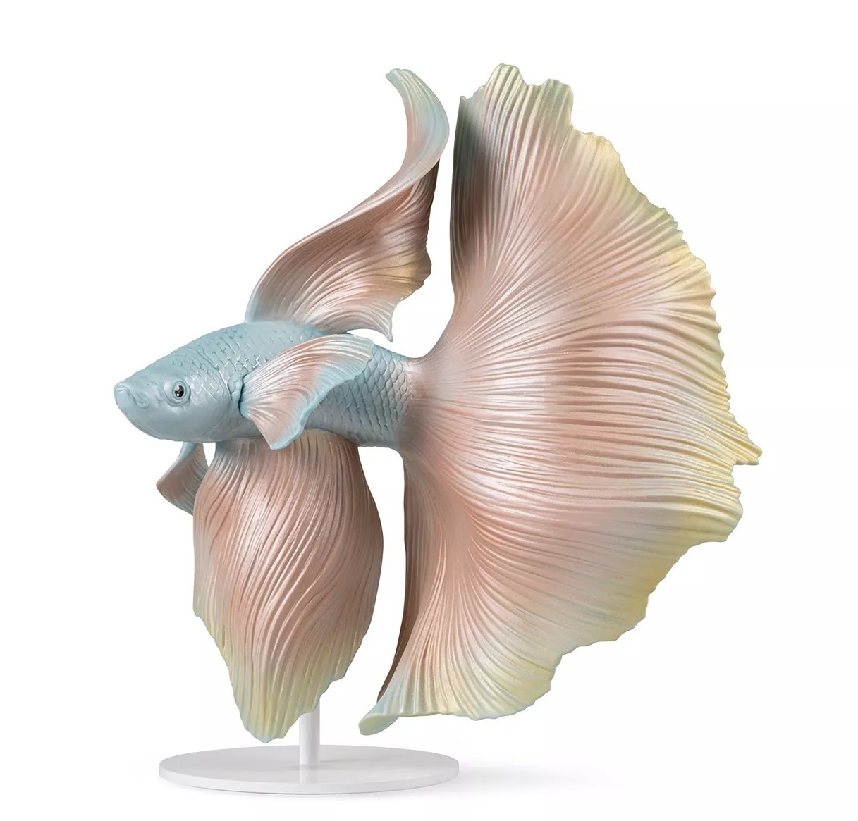 Lladró porcelain betta fish sculpture with flowing pastel fins on white stand