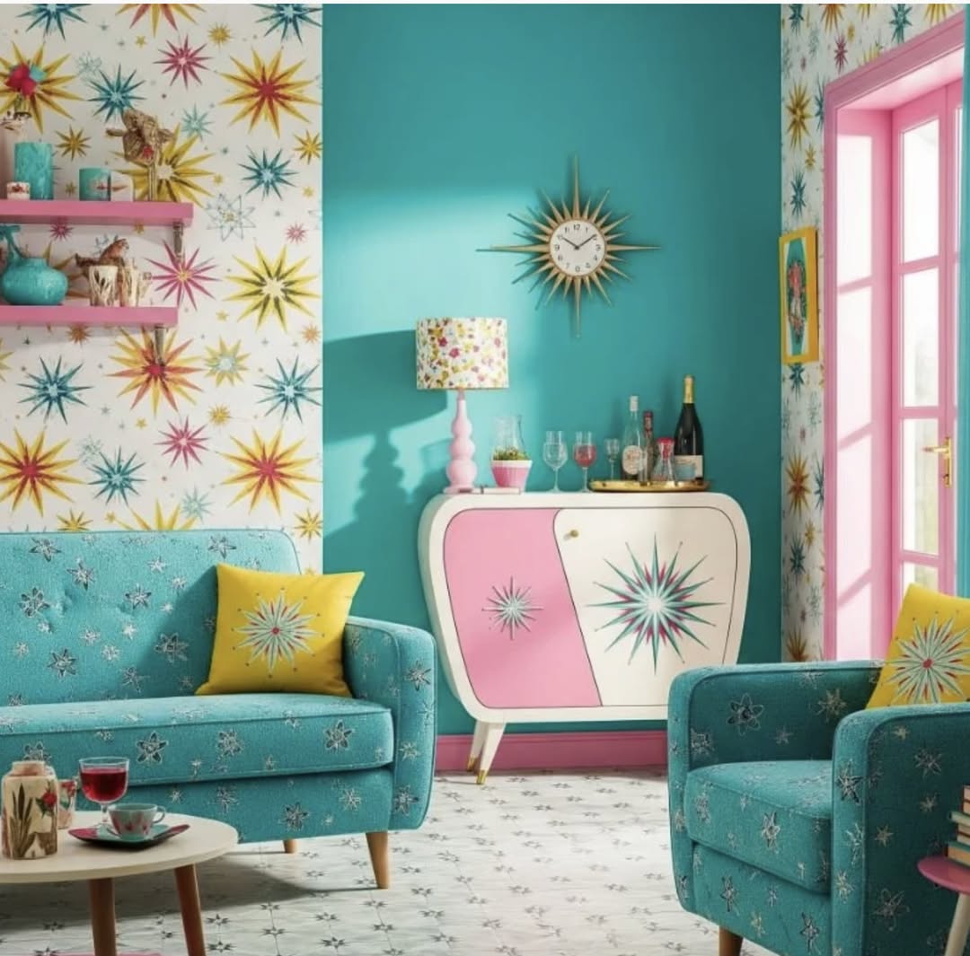 Colorful mid-century modern living room with teal chairs, starburst wallpaper, and a pink cabinet