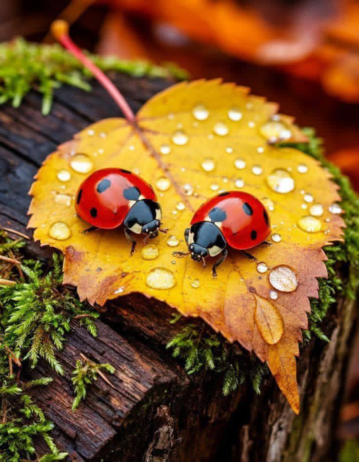 Two red ladybugs with black spots on a yellow autumn leaf covered in water droplets on a mossy log
