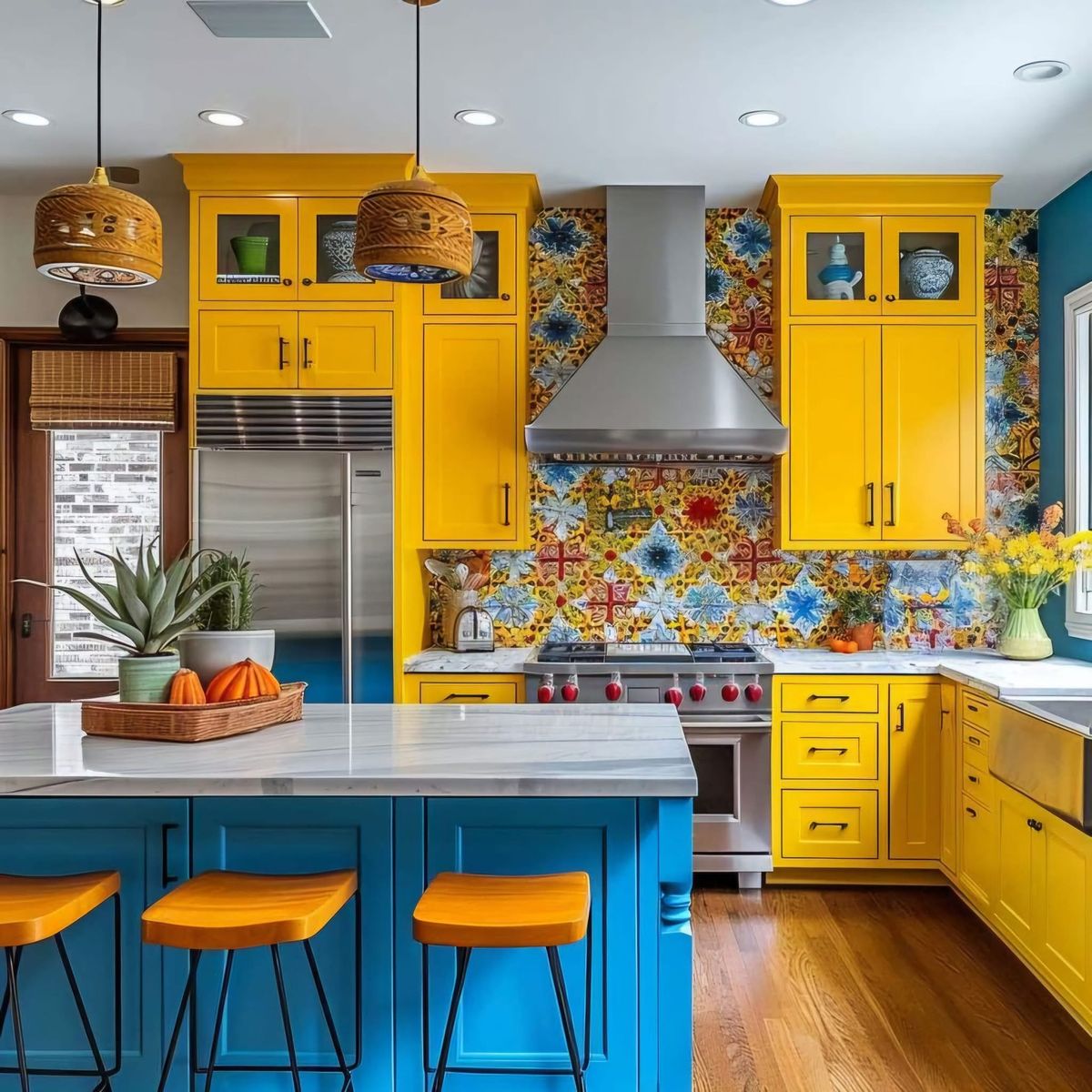 Bright yellow and blue kitchen with tile backsplash, island seating, and stainless steel range hood