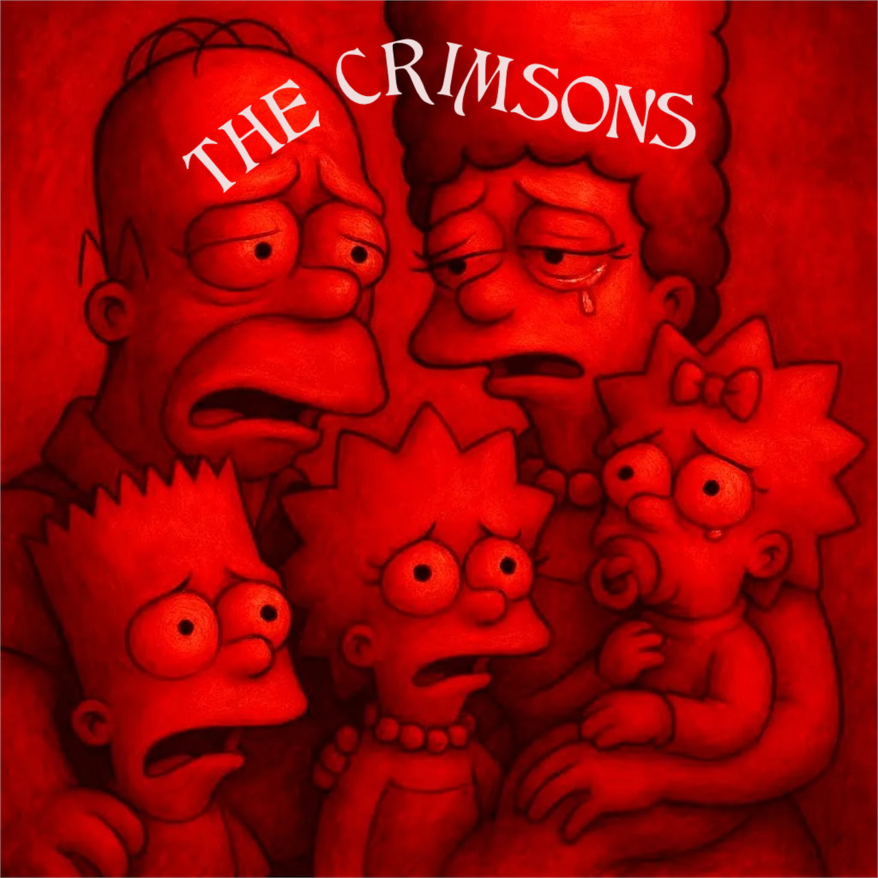 The Simpsons family portrait in deep red monochrome with text 'The Crimsons' at top