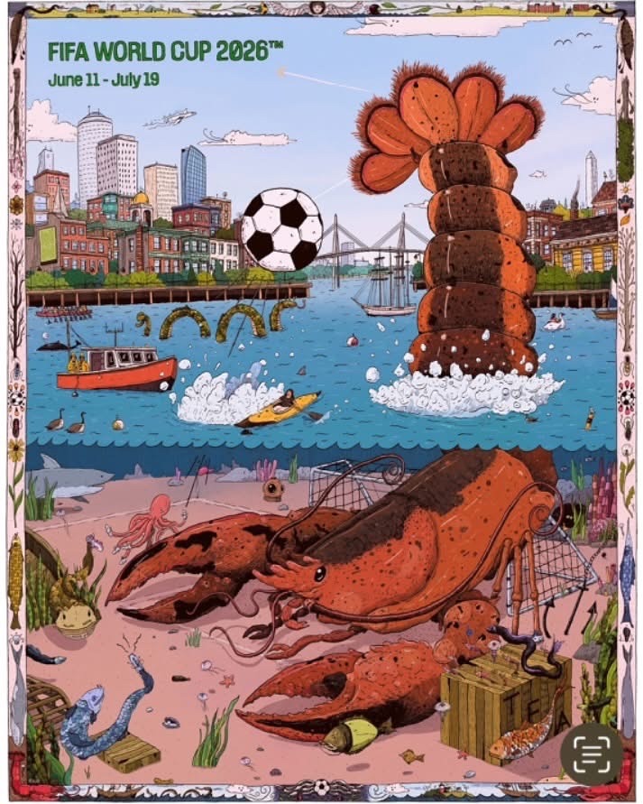 FIFA World Cup 2026 Boston poster with giant lobster, soccer ball, and city skyline illustration