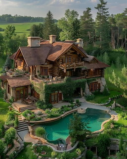 Aerial view of a luxury log cabin mansion with swimming pool and landscaped garden surrounded by green fields