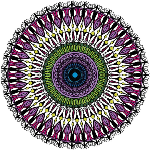 Circular mandala pattern with purple, green, blue, and white repeating details on a white background.