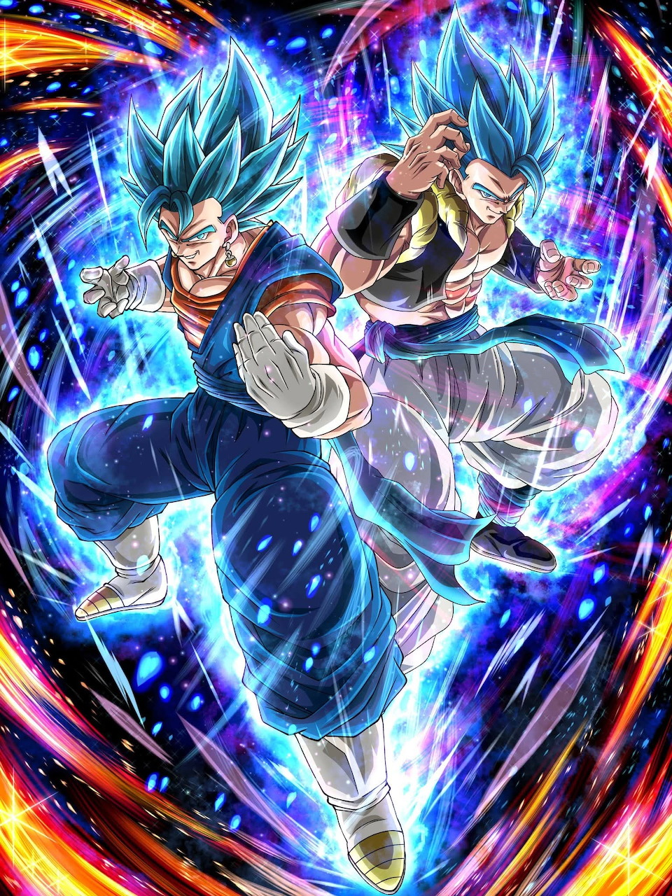 Gogeta Super Saiyan Blue with electric blue hair and glowing energy aura in action pose