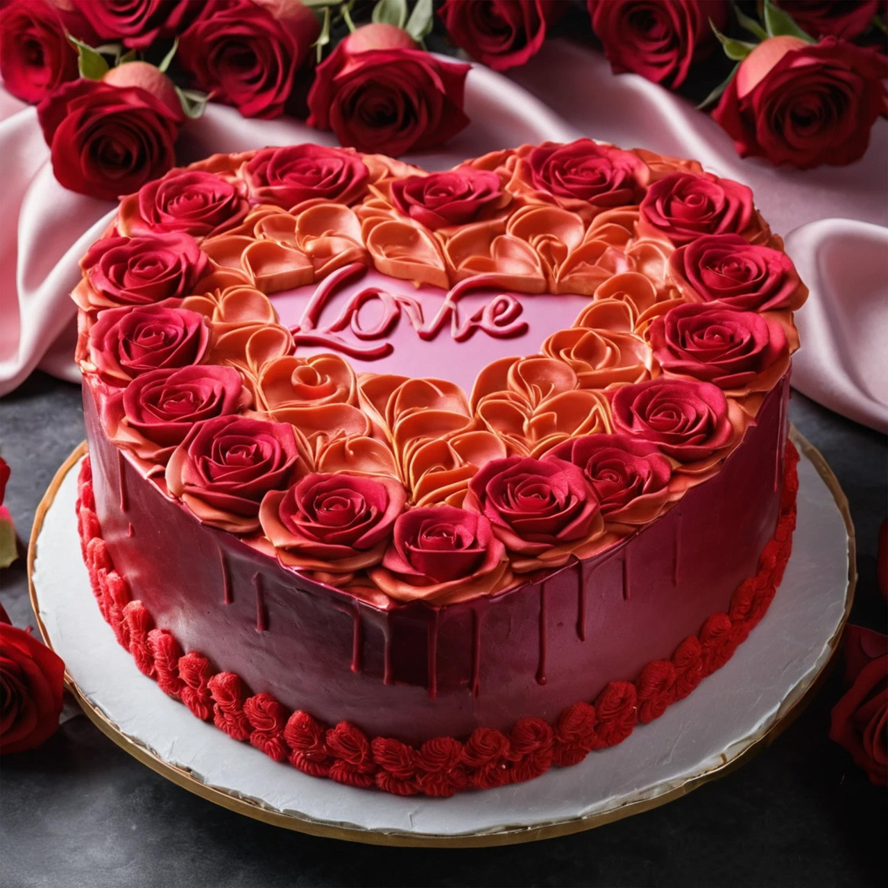 Heart-shaped cake with rose decorations and Love text, surrounded by red roses