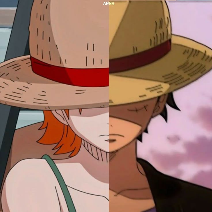 Split close-up anime image of Nami and Luffy wearing straw hats