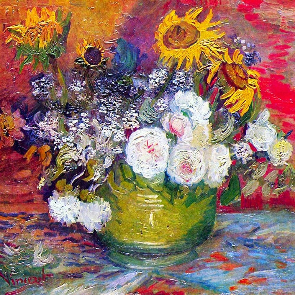 Oil painting of sunflowers and white flowers in a green vase with bold colorful brushstrokes