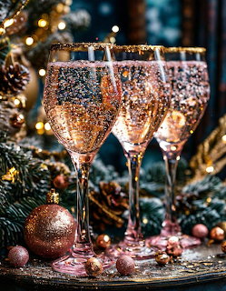 Three sparkling champagne glasses with glitter surrounded by Christmas decorations and pine branches