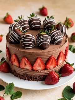 Chocolate cake with chocolate-covered strawberries on top and fresh strawberry layer, displayed on white stand