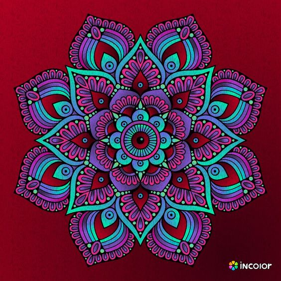 Colorful mandala with peacock feather patterns in turquoise and purple on red background