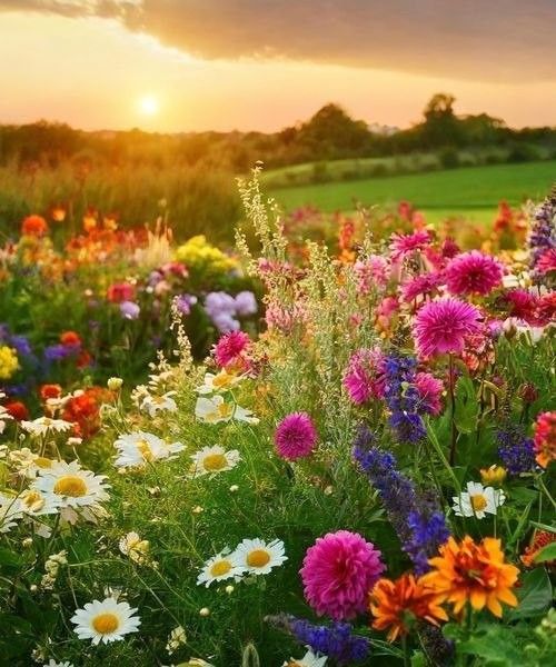 Colorful wildflower meadow with pink, orange, and white blooms at sunset