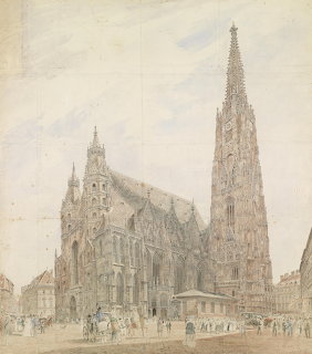 Watercolor painting of St. Stephen's Cathedral in Vienna with Gothic spire and busy square