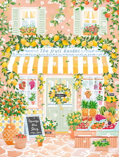 Illustrated fruit shop with striped awning, flowers, and baskets of fresh produce