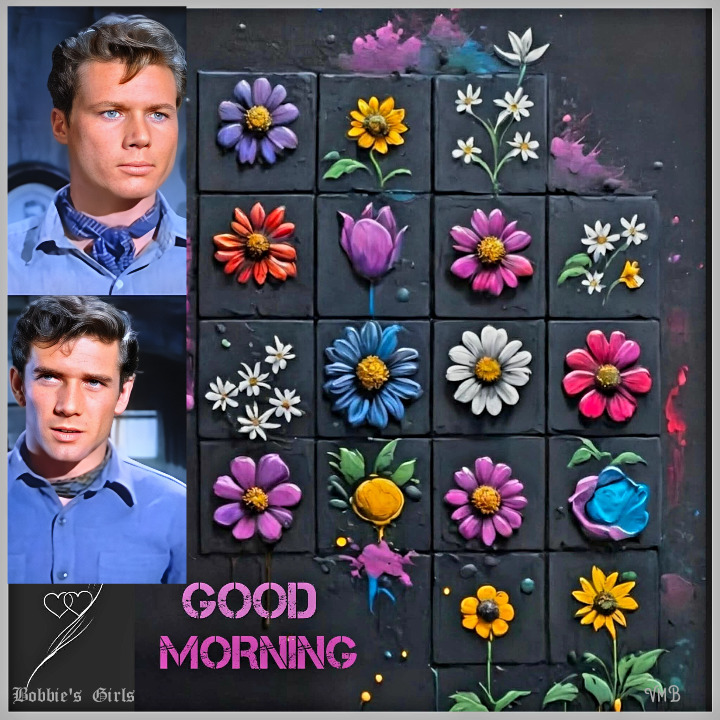 Collage of a young man with colorful flowers on dark square tiles and Good Morning text