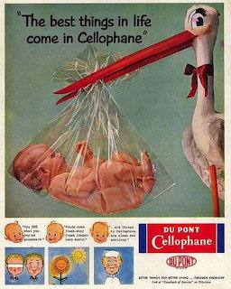 Vintage ad illustration of a stork carrying a baby wrapped in cellophane with retro text panels below
