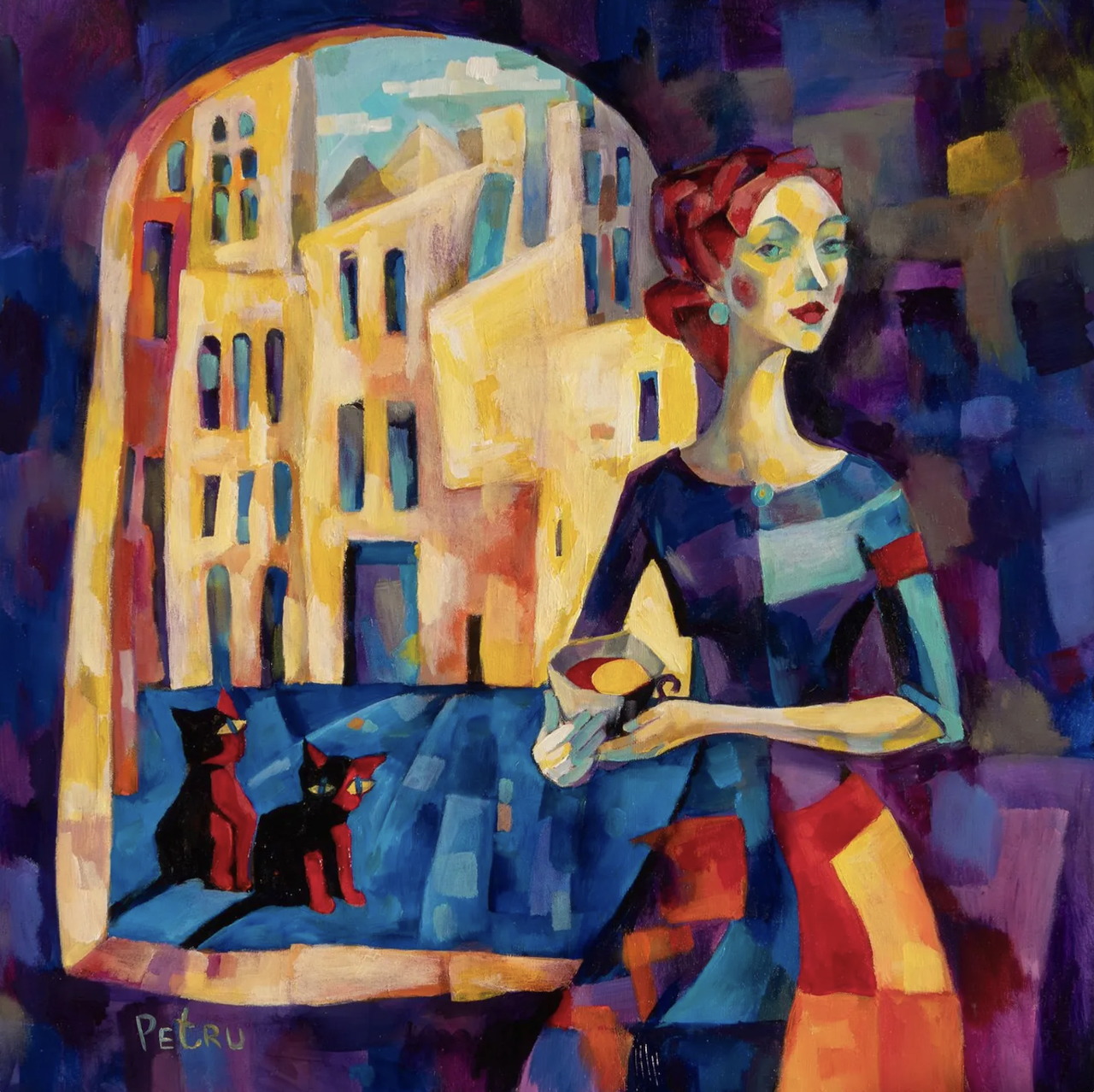 Cubist painting of woman in striped dress with two black cats and yellow buildings through arched window
