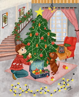Illustration of a girl kneeling by a Christmas tree with a cat and dachshund in a festive living room