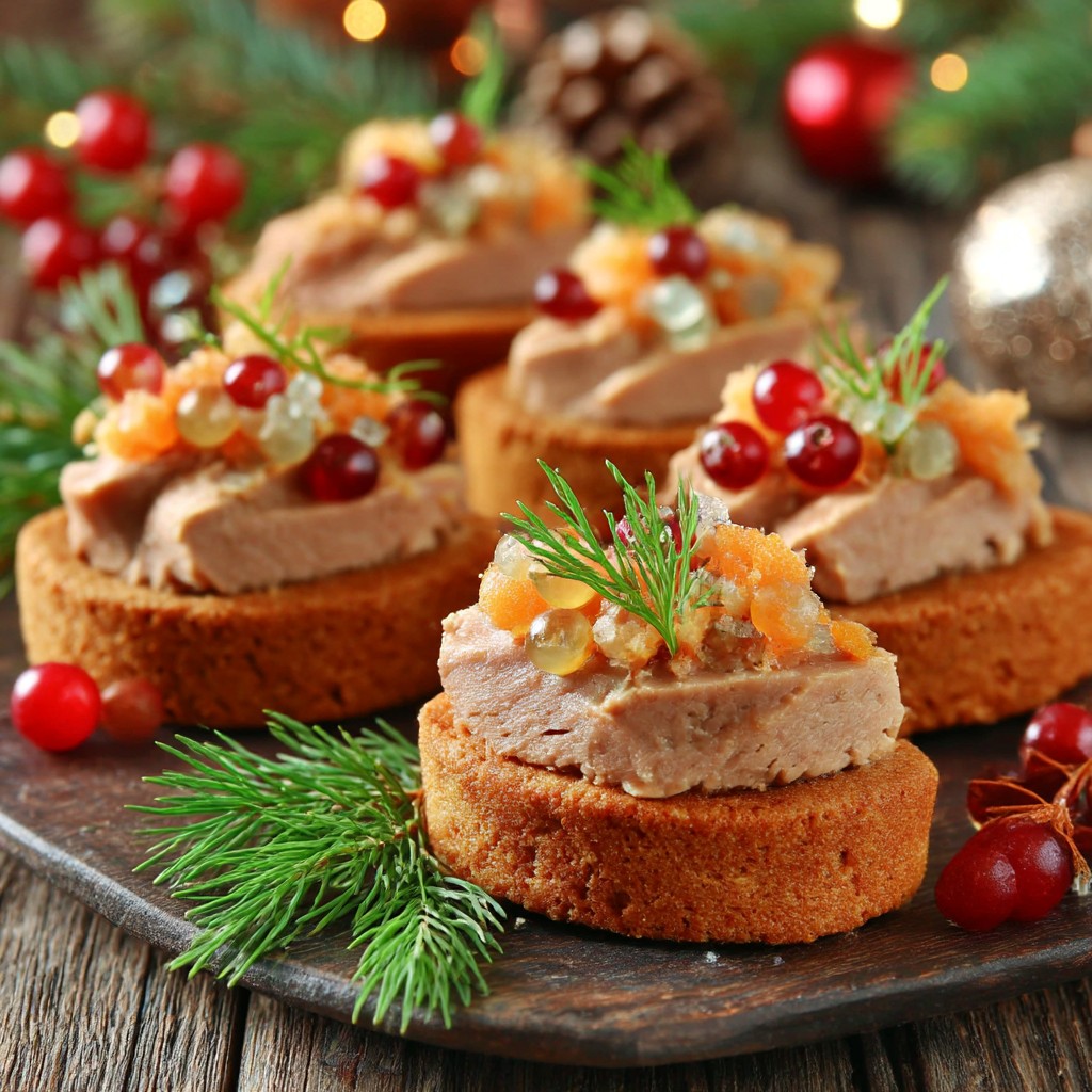 Foie gras canapés on toasted bread with orange garnish and red berries, styled for Christmas