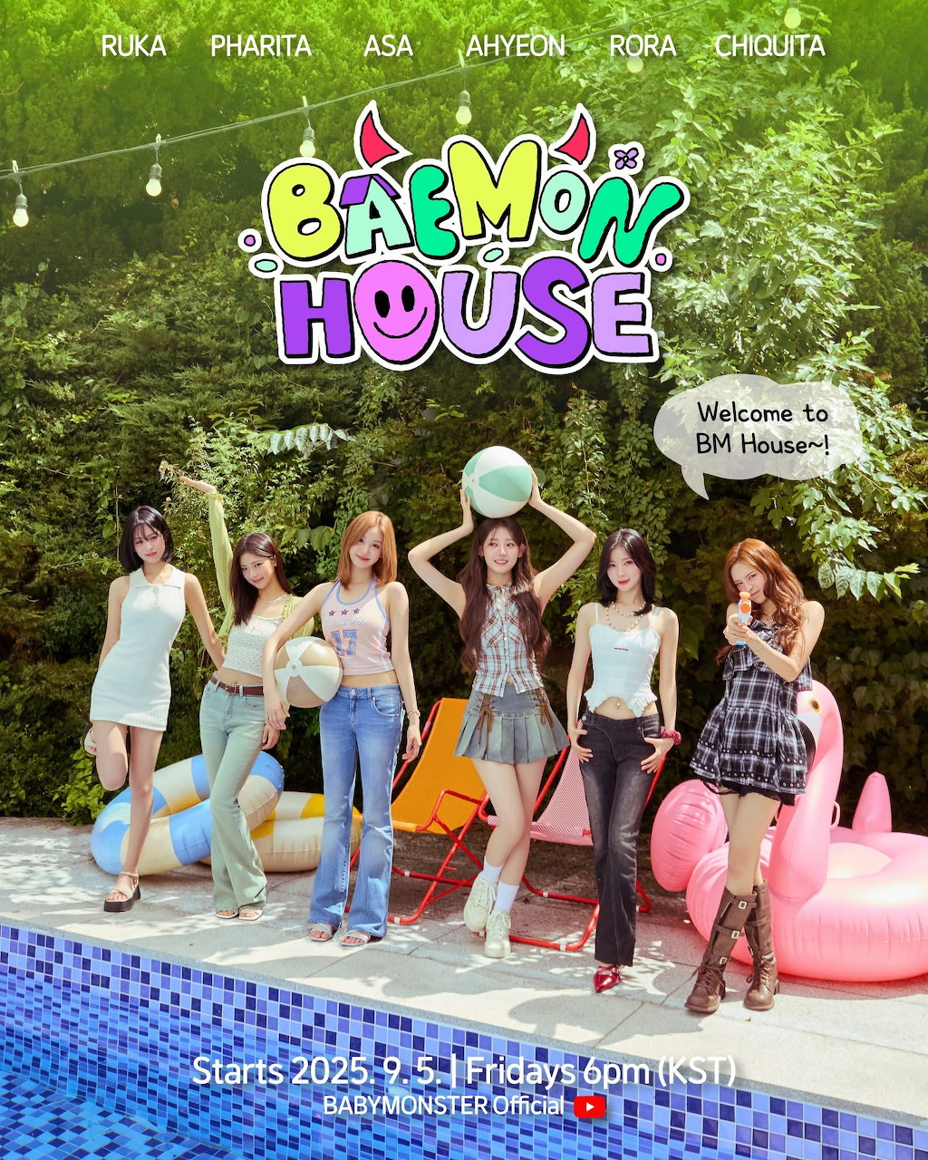 BABYMONSTER six-member K-pop group pose by a pool for Baemon House promotional poster