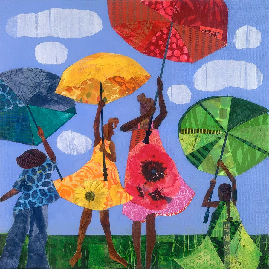 Collage art of people with colorful floral patterned umbrellas on blue background