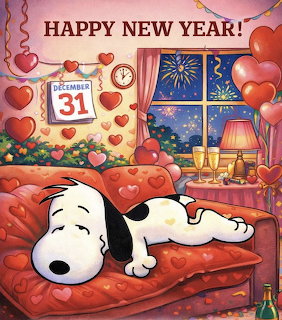 Cartoon dog Snoopy lying on an orange couch with heart balloons and New Year's Eve decorations in a cozy room