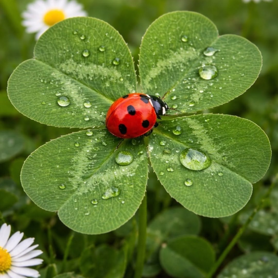 Red ladybug on a dew-covered green clover leaf with blurred white daisies behind