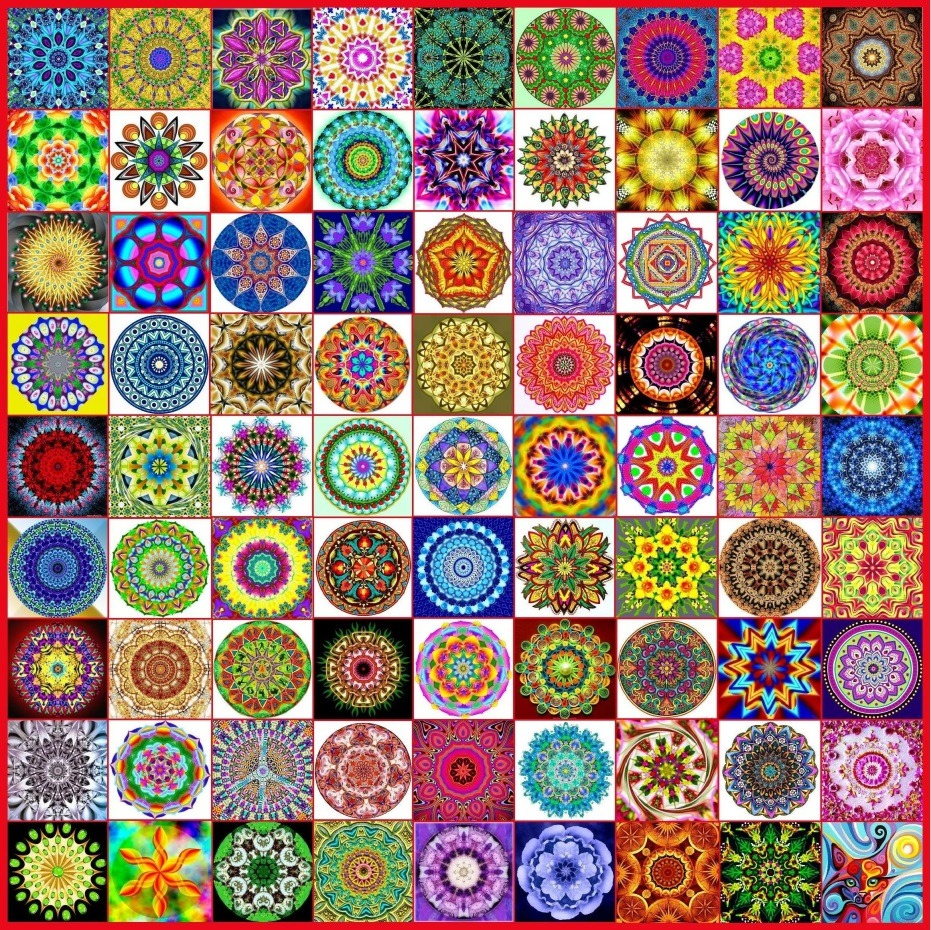 Grid of 64 colorful circular mandala patterns with intricate geometric and floral designs