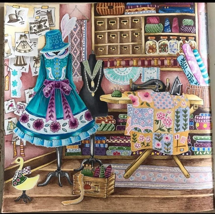 Blue lolita dress on dress form in organized craft room with sewing supplies and fabric storage