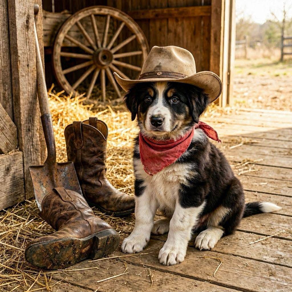 Puppy wearing cowboy hat and red bandana sitting on wooden porch next to boots and wagon wheel