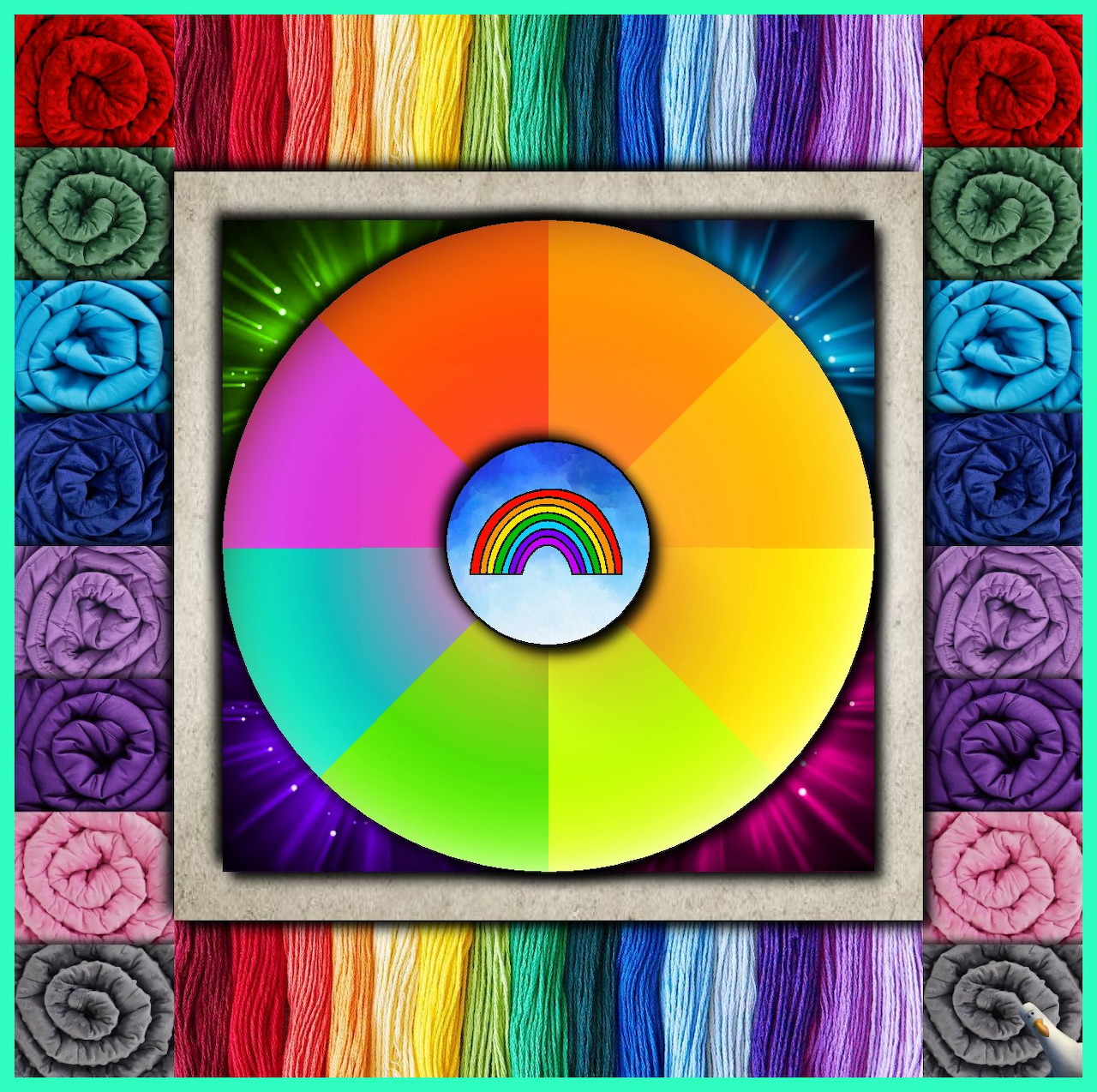 Circular color wheel showing rainbow spectrum segments with decorative multicolored yarn borders and ornate corner designs