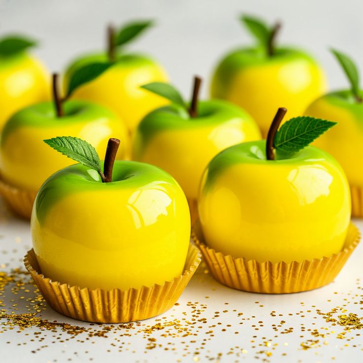 Six glossy yellow apple-shaped desserts with green leaves in gold liners