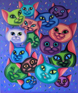 Cluster of cartoon cat faces in bright neon colors with playful expressions on purple background with confetti