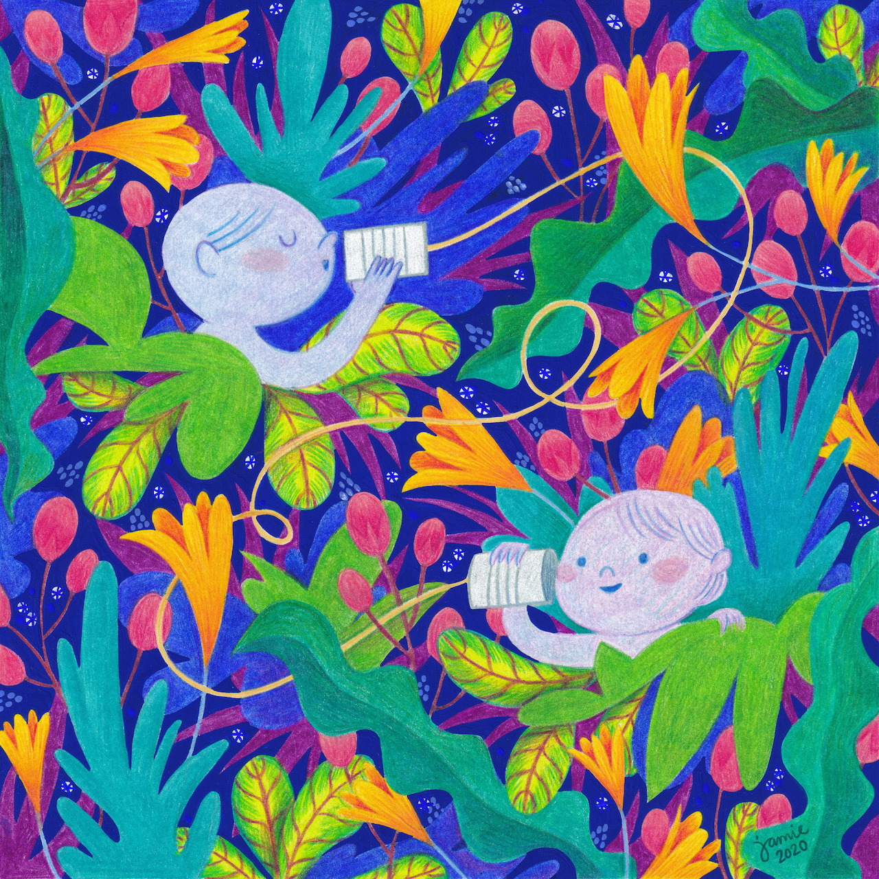 Colorful illustration of smiling characters among bright tropical flowers and foliage on blue background