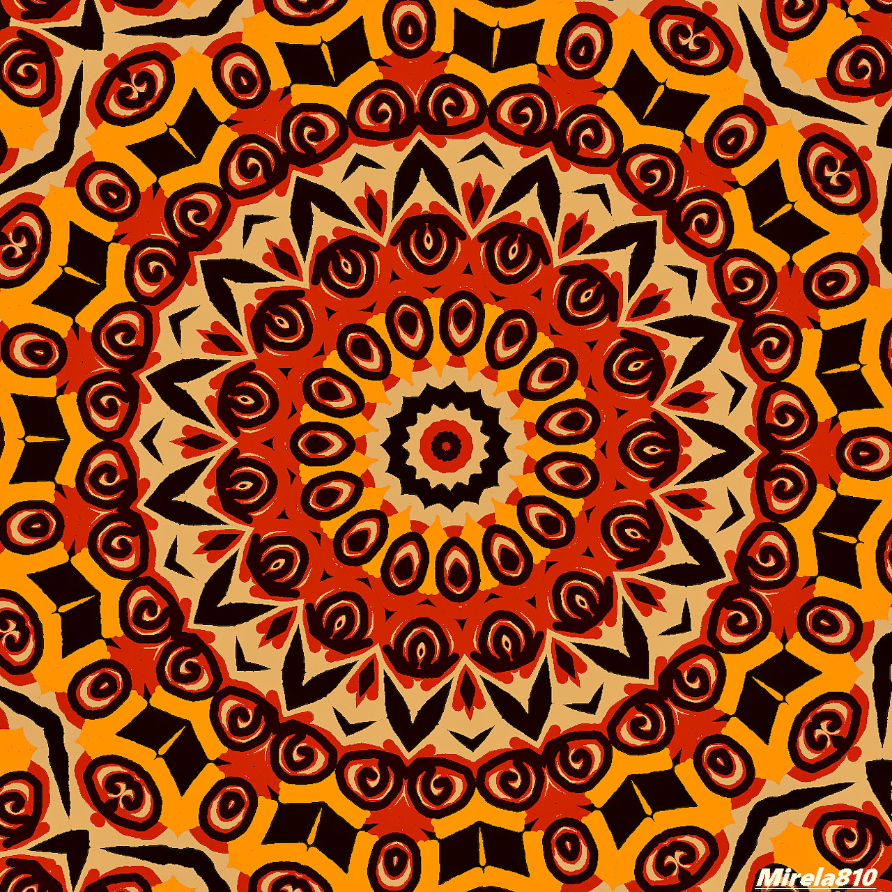 Symmetrical mandala with warm orange, red, and yellow geometric patterns radiating from center