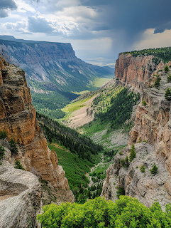 Deep canyon with steep rocky cliffs and green valley floor in Bighorn Mountains Wyoming with storm clouds