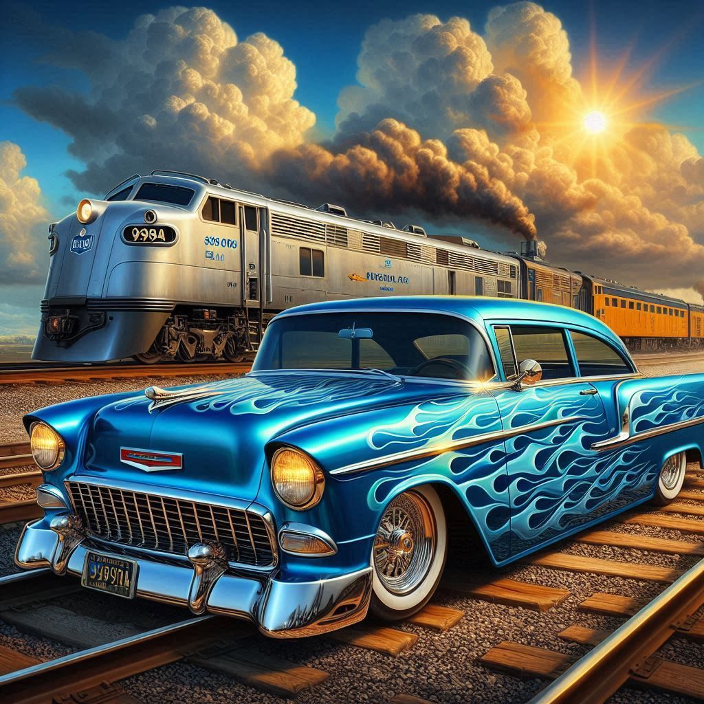 Blue 1950s hot rod with flame paint next to silver train under sunset sky