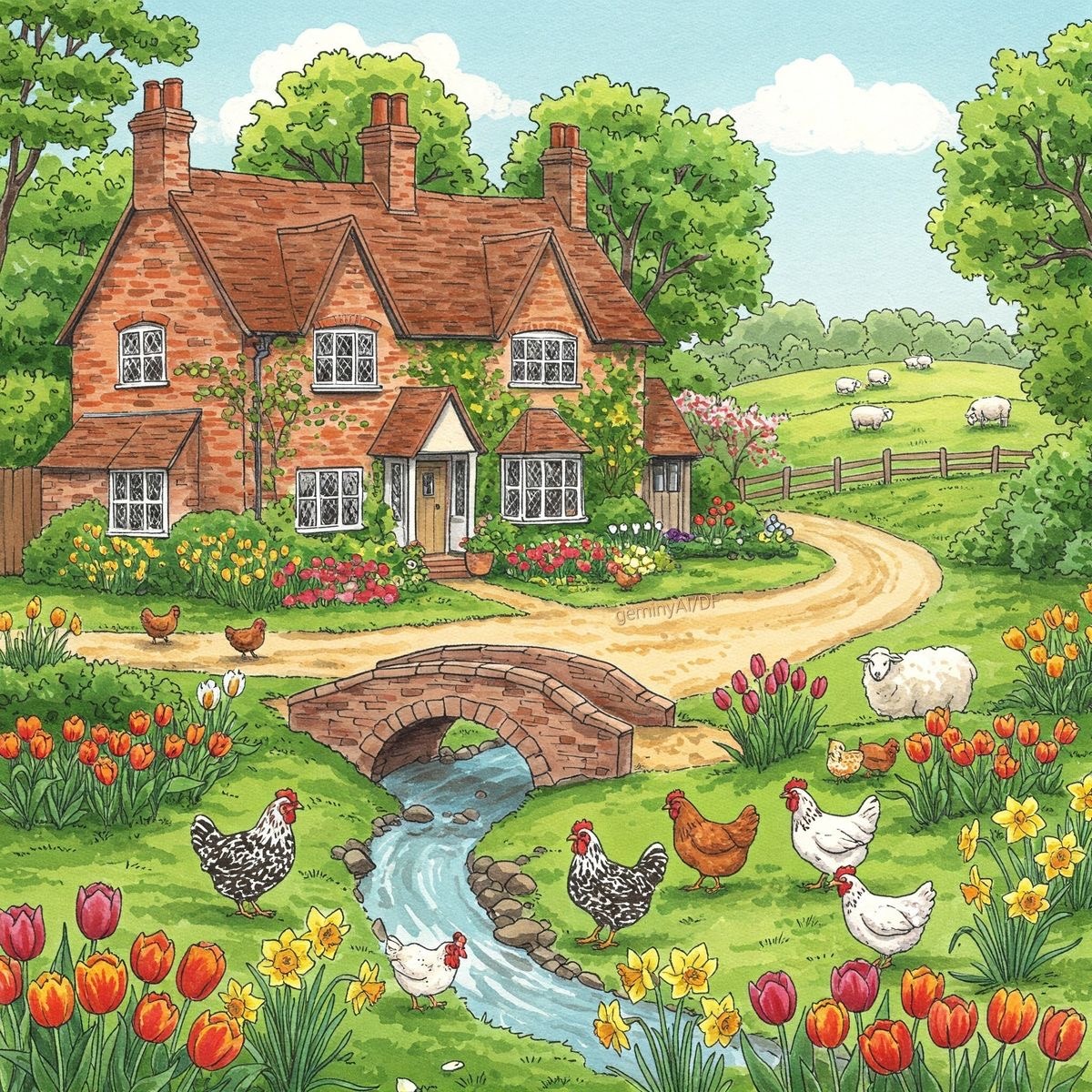 Illustration of English cottage with garden, stream, bridge, chickens, and flowers in sunny countryside setting