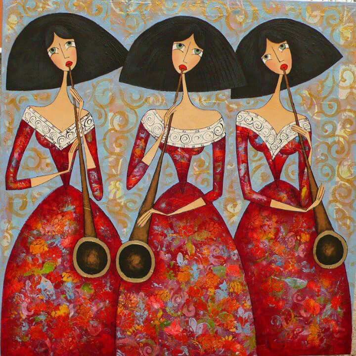 Painting of three stylized women in red dresses with black hair standing side by side