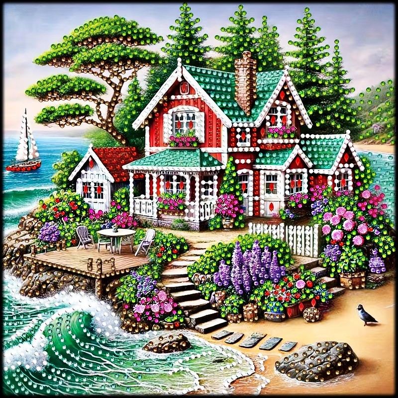 Colorful cottage by the sea surrounded by vibrant garden flowers and evergreen trees