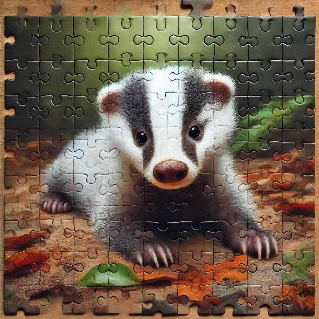 Baby badger cub lying on a leaf-covered forest floor in a jigsaw puzzle image