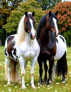 Two paint horses with flowing white manes standing together in a field