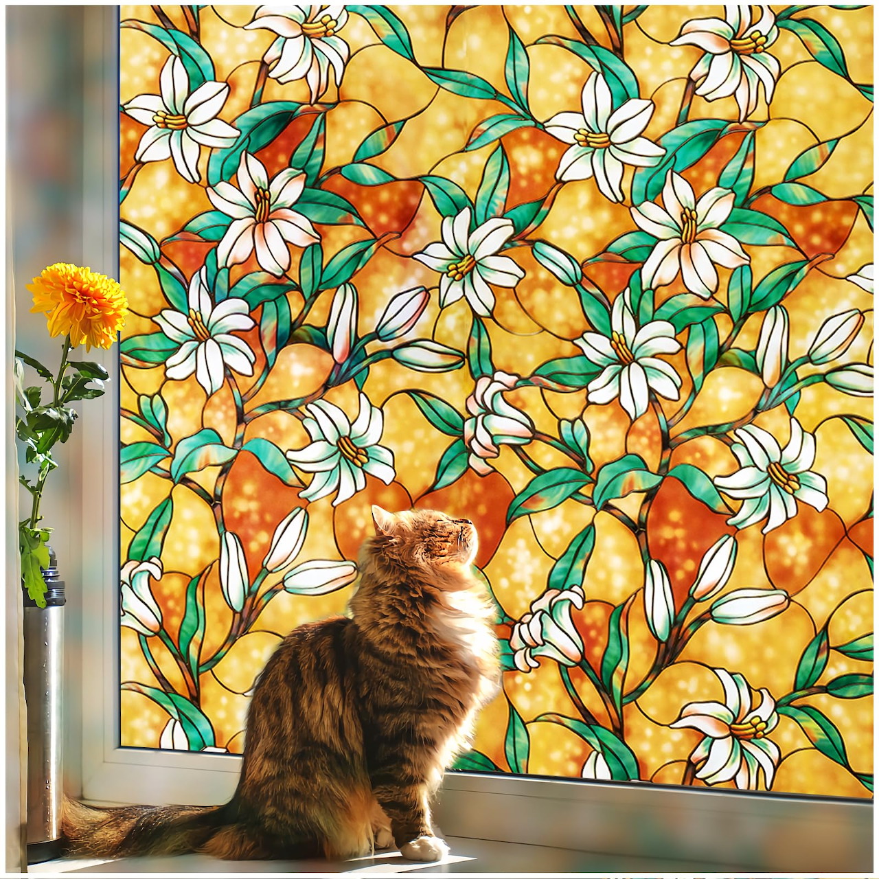 Orange tabby cat on windowsill looking through colorful floral stained glass window
