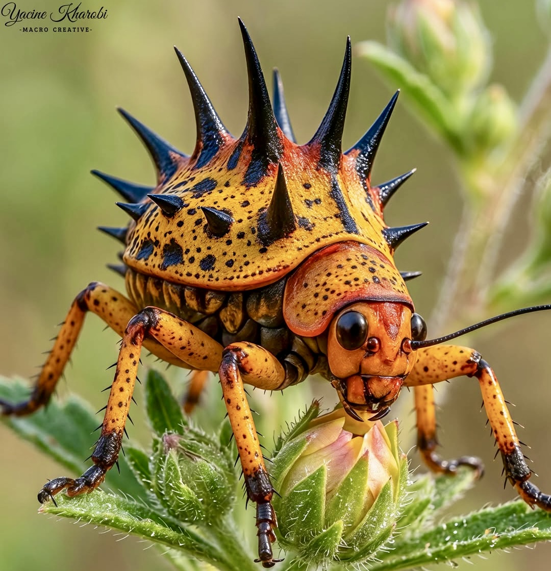 Close-up of a bright orange spiny insect standing on a green plant bud