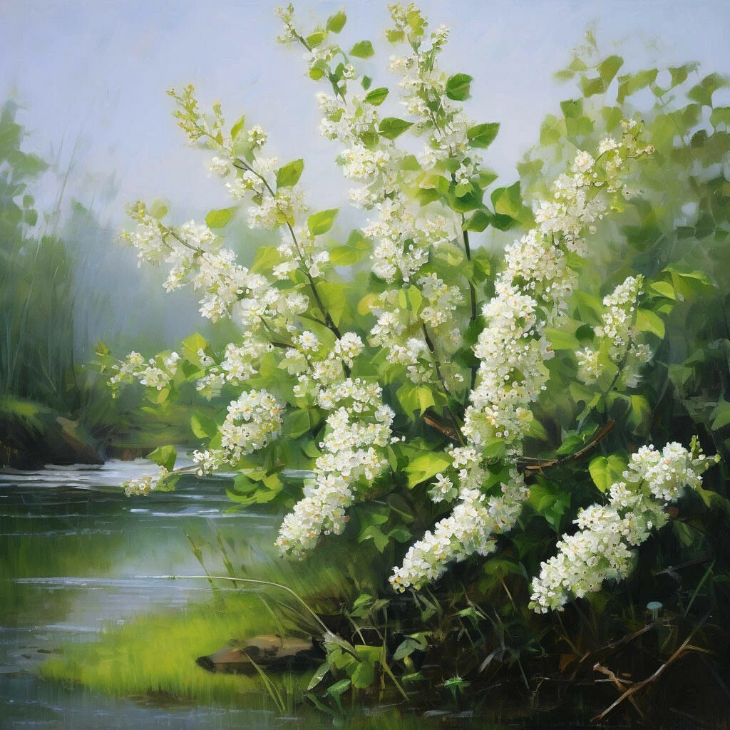 Painting of white bird cherry flowers bloming beside a tranquil river with green foliage