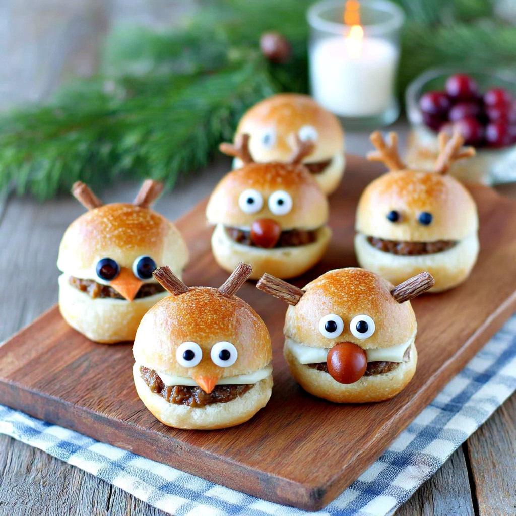 Mini burger buns decorated as reindeer and snowmen with pretzel antlers, candy eyes, arranged on wooden cutting board