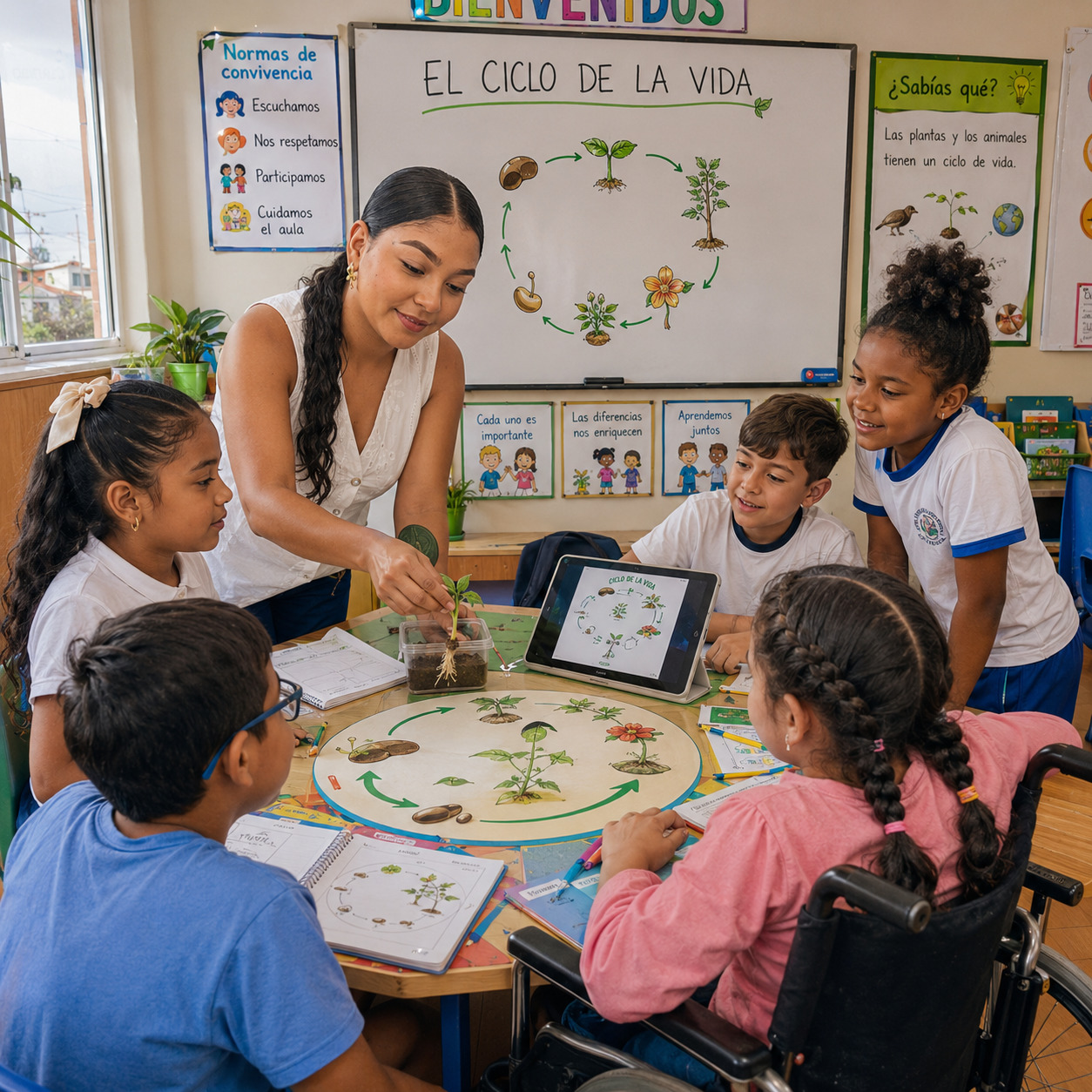 Teacher and children gathered around table with learning materials in classroom
