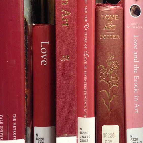 Close-up of red and pink books standing upright on a shelf