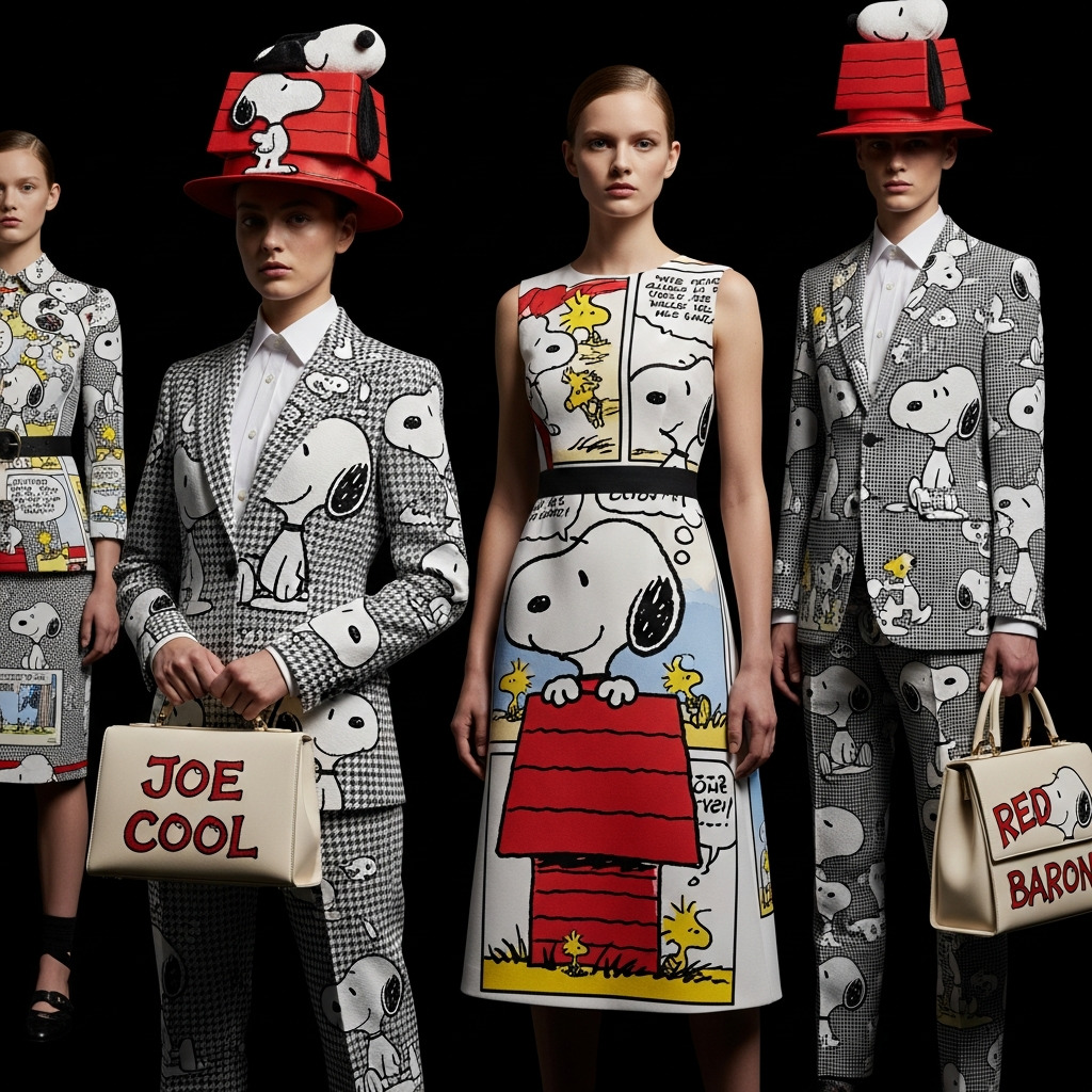 Runway models in Snoopy-themed fashion outfits with bold comic-style prints on a black background