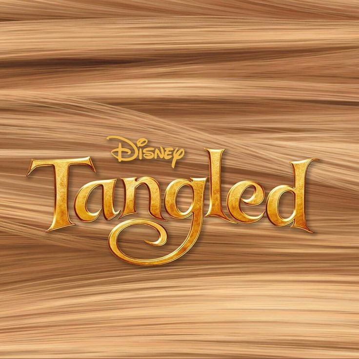 Tangled movie logo in gold letters on brown hair-textured background